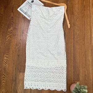 Bebe White Crochet Strapless Fitted Dress